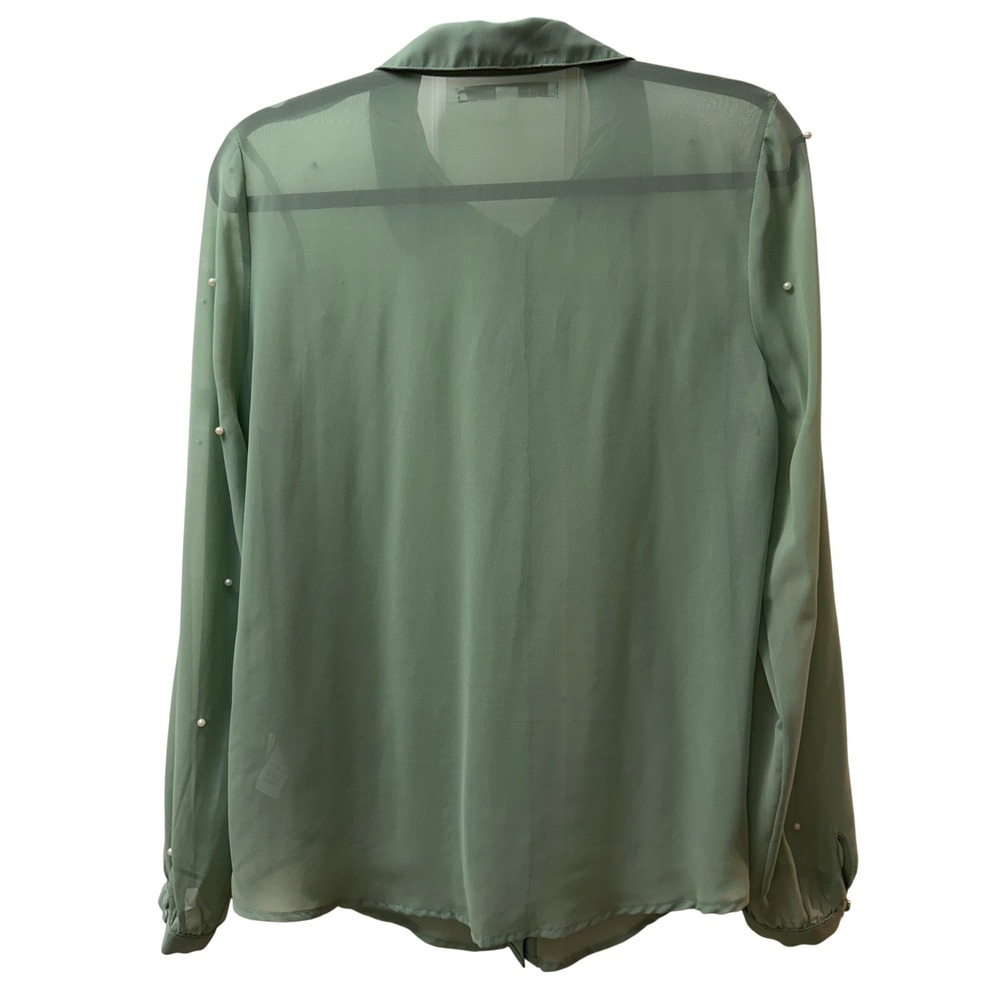 LC Lauren Conrad Sage Green Pearl Embellished Sheer Chiffon Blouse Womens Medium - Picture 6 of 11